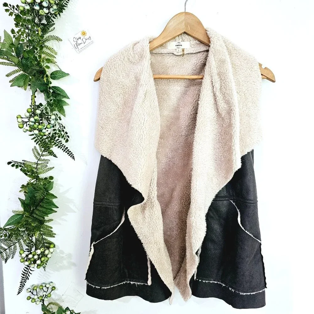 Entro Womens Sleeveless Faux‎ Shearling Vest S Black & Beige 《946》J